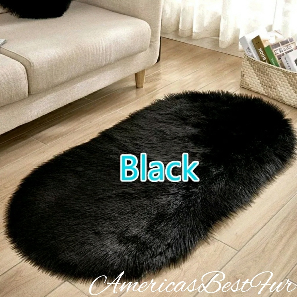 Faux Fur Black Luxurious Oval Shape Rug 2'x4'